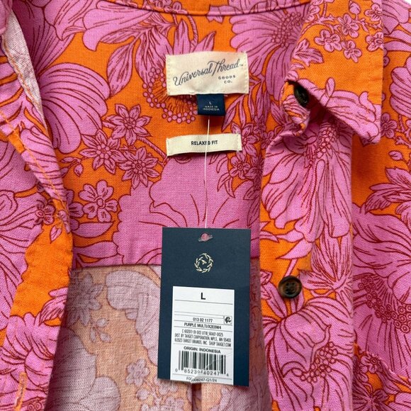 Universal Thread Womens Top Large Pink Orange Floral Linen Blend Button Up Shirt - Picture 6 of 11